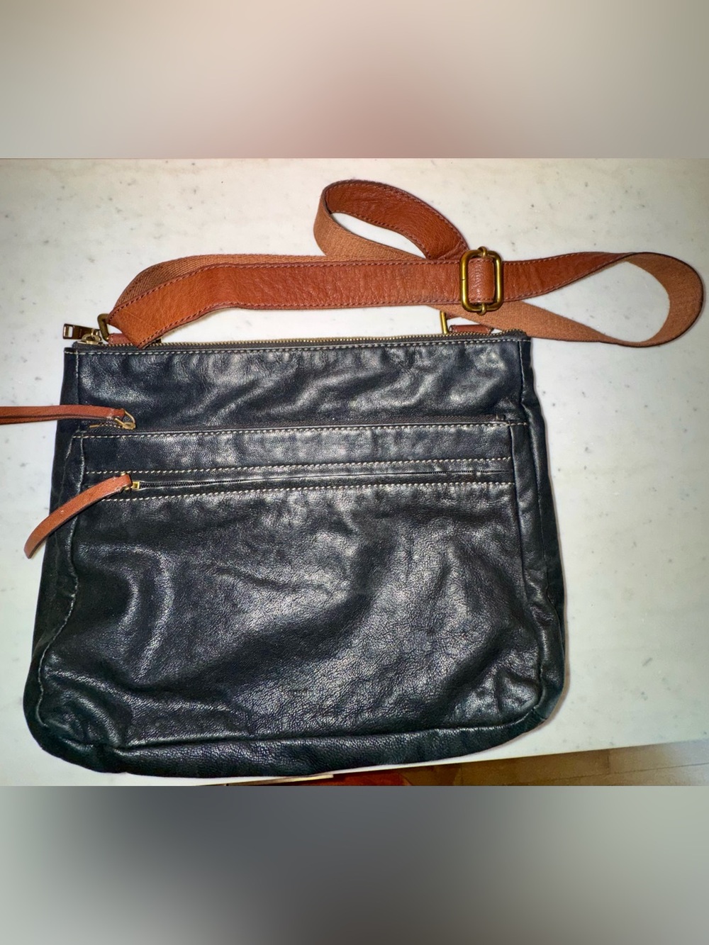 Fossil “Corey” Crossbody Bag in Black & Brown Dual Colour-way, Chèvre Leather